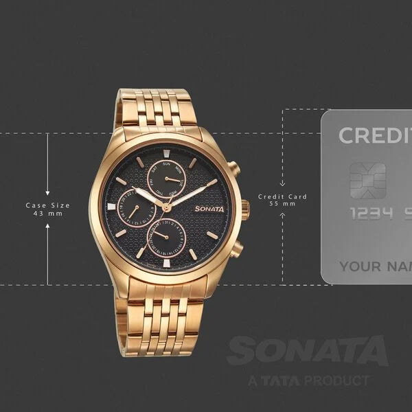 Sonata 7155WM01 | Sonata Magna Quartz Multifunction Black Dial Rose Gold Stainless Steel Strap Watch For Men