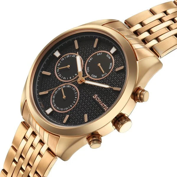 Sonata 7155WM01 | Sonata Magna Quartz Multifunction Black Dial Rose Gold Stainless Steel Strap Watch For Men
