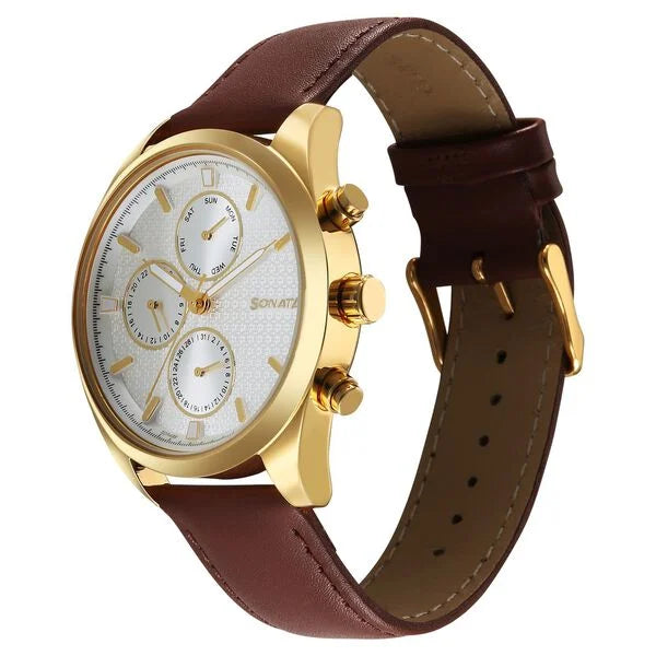 Sonata 7155YL01 | Sonata Magna Quartz Multifunction Silver Dial Brown Leather Strap Watch For Men