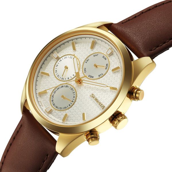 Sonata 7155YL01 | Sonata Magna Quartz Multifunction Silver Dial Brown Leather Strap Watch For Men