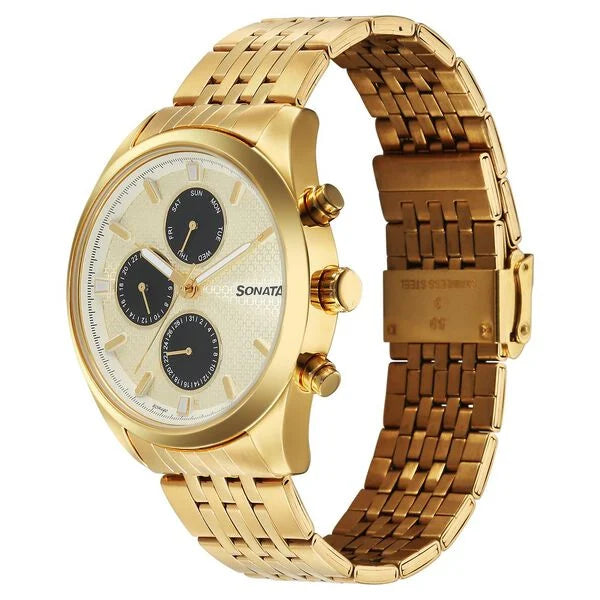 Sonata 7155YM02 | Sonata Magna Quartz Multifunction Champagne Dial Golden Stainless Steel Strap Watch For Men