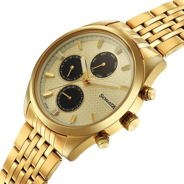 Sonata 7155YM02 | Sonata Magna Quartz Multifunction Champagne Dial Golden Stainless Steel Strap Watch For Men