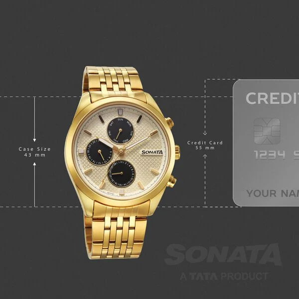 Sonata 7155YM02 | Sonata Magna Quartz Multifunction Champagne Dial Golden Stainless Steel Strap Watch For Men