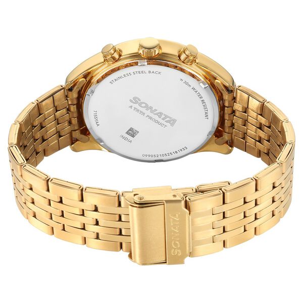 Sonata 7155YM02 | Sonata Magna Quartz Multifunction Champagne Dial Golden Stainless Steel Strap Watch For Men