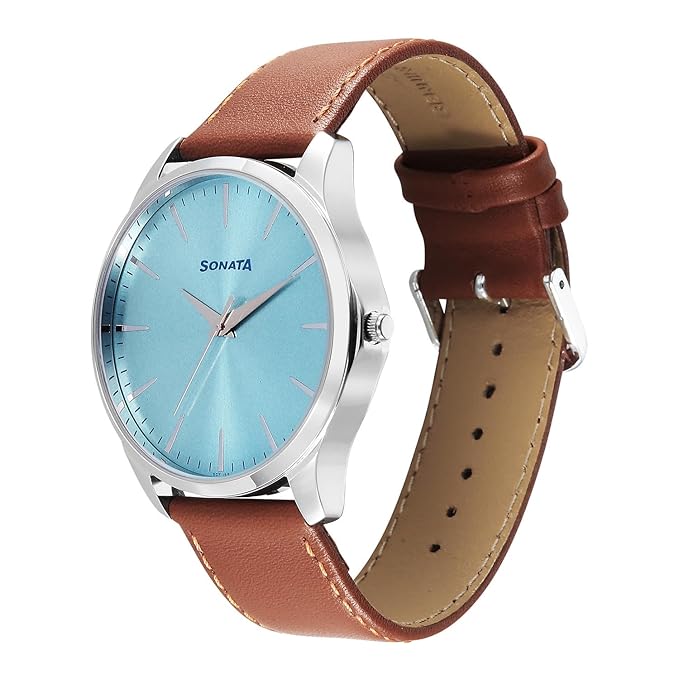 Sonata 77163SL05 | Sonata Ease with Light Blue Dial Brown Leather Strap Watch for Men