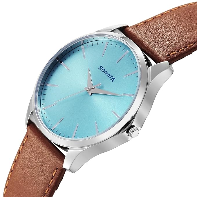 Sonata 77163SL05 | Sonata Ease with Light Blue Dial Brown Leather Strap Watch for Men