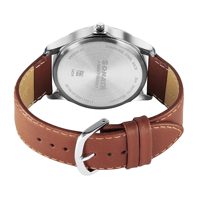 Sonata 77163SL05 | Sonata Ease with Light Blue Dial Brown Leather Strap Watch for Men