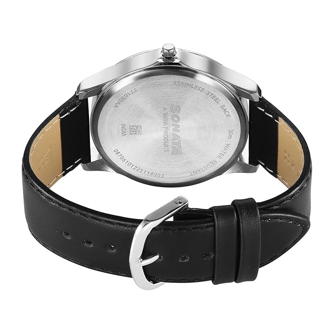 Sonata 77163SL06 | Sonata Ease with Gray Dial Black Leather Strap Watch for Men