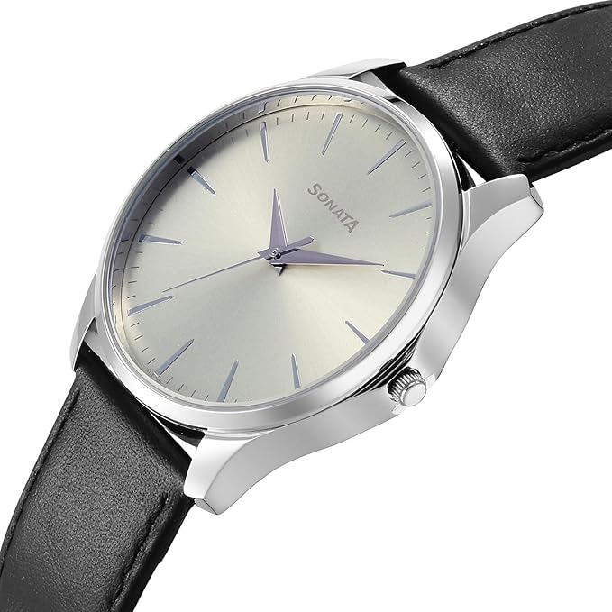 Sonata 77163SL06 | Sonata Ease with Gray Dial Black Leather Strap Watch for Men