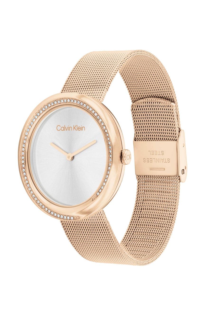Calvin Klein 25200312 | Twisted Bezel Women Quartz Silver Dial Analog Mesh Watch.
