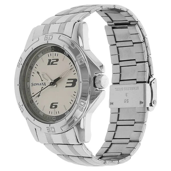 Sonata NK77001SM02 | Sonata Quartz Analog White Dial Stainless Steel Strap Watch for Men