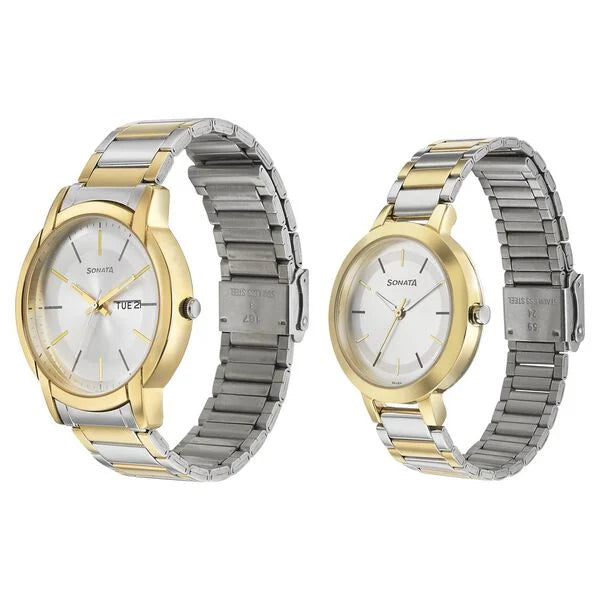 Sonata 770318141BM01P | Sonata Quartz Analog Silver Dial Metal Strap Watch for Couple