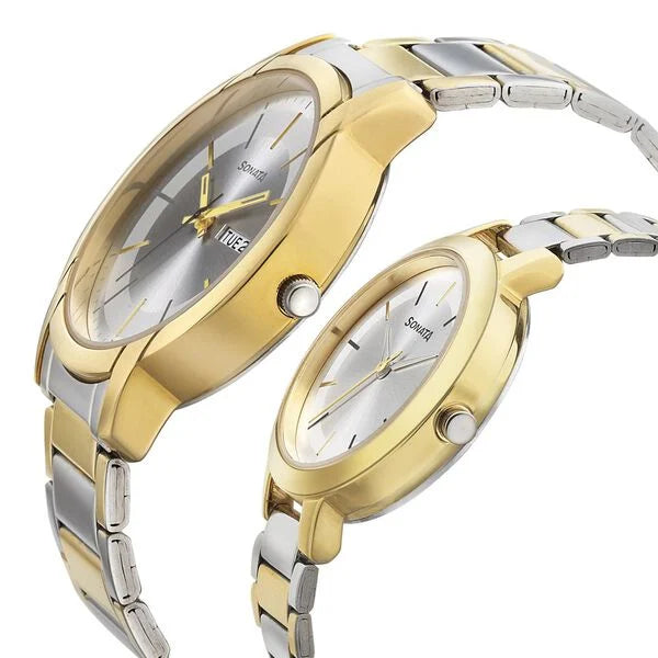 Sonata 770318141BM01P | Sonata Quartz Analog Silver Dial Metal Strap Watch for Couple