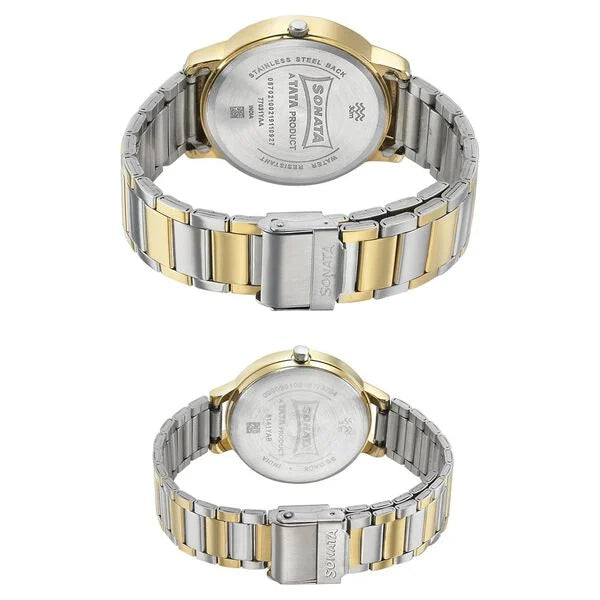 Sonata 770318141BM01P | Sonata Quartz Analog Silver Dial Metal Strap Watch for Couple