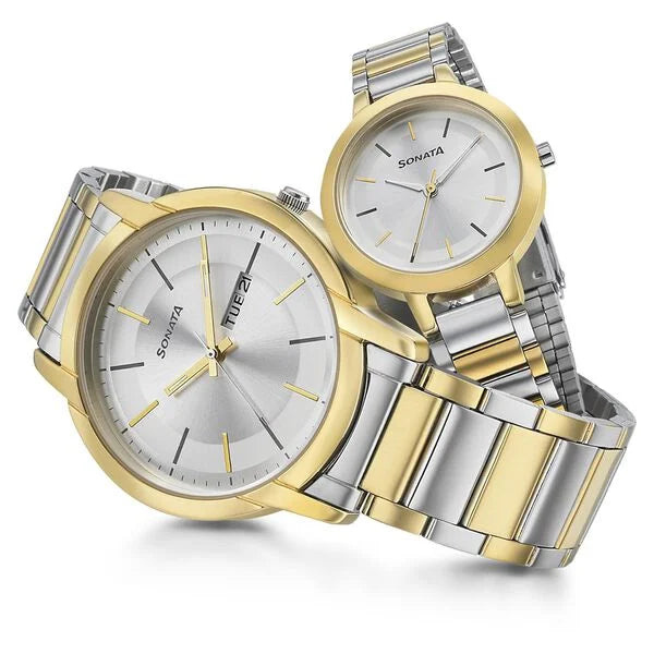 Sonata 770318141BM01P | Sonata Quartz Analog Silver Dial Metal Strap Watch for Couple