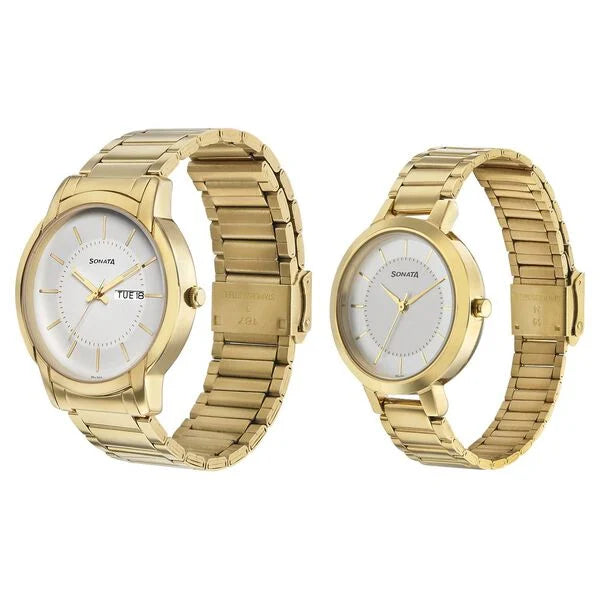 Sonata Pair NR770318141YM01P | Sonata Quartz Analog White Dial Metal Strap Watch for Couple