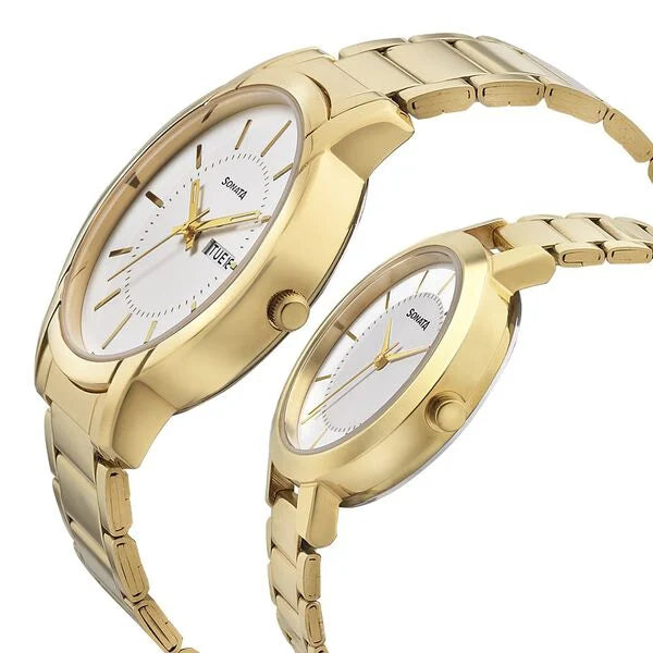 Sonata Pair NR770318141YM01P | Sonata Quartz Analog White Dial Metal Strap Watch for Couple