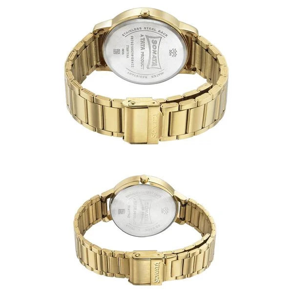 Sonata Pair NR770318141YM01P | Sonata Quartz Analog White Dial Metal Strap Watch for Couple