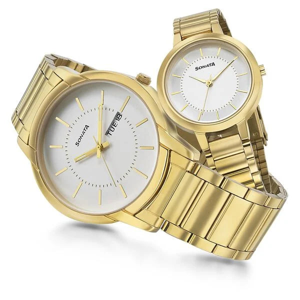 Sonata Pair NR770318141YM01P | Sonata Quartz Analog White Dial Metal Strap Watch for Couple