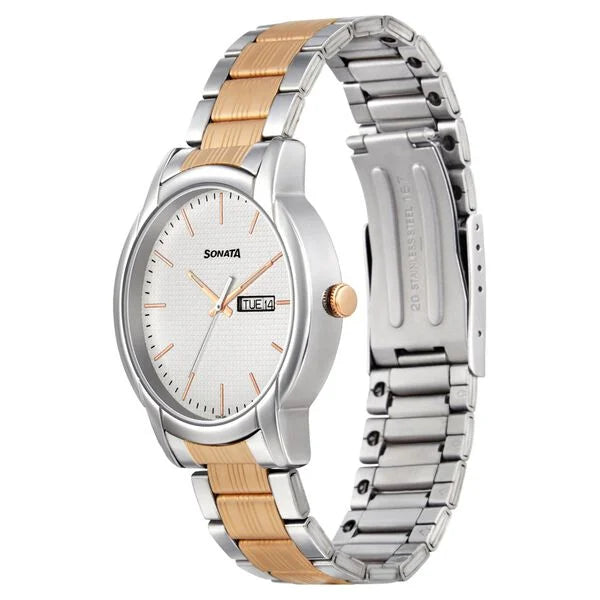 Sonata NP77031KM02 | Sonata Quartz Analog with Day and Date White Dial Metal Strap Watch for Men