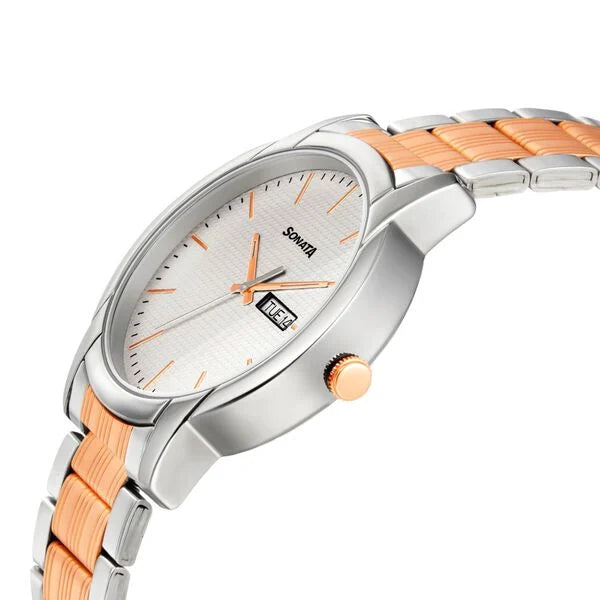 Sonata NP77031KM02 | Sonata Quartz Analog with Day and Date White Dial Metal Strap Watch for Men