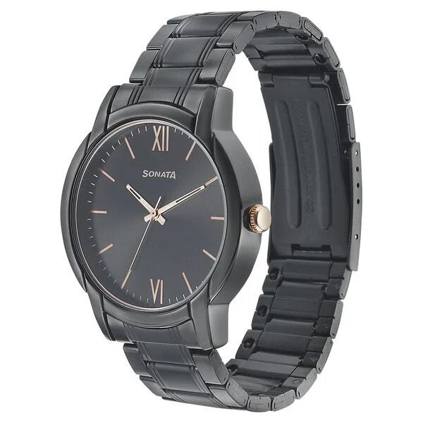 Sonata 77031KM03 | Sonata Beyond Gold Quartz Analog Black Dial Metal Strap Watch for Men