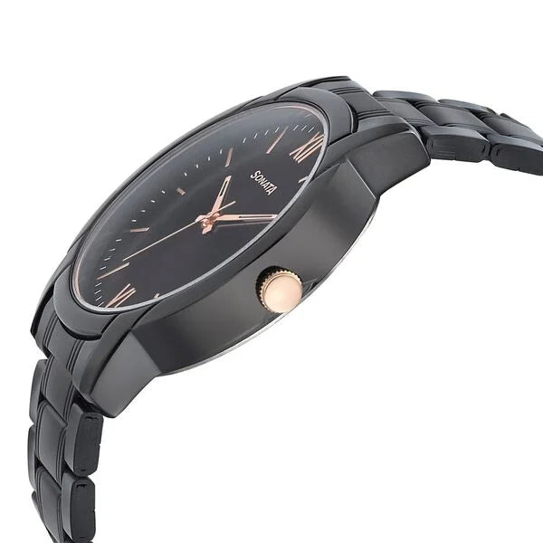Sonata 77031KM03 | Sonata Beyond Gold Quartz Analog Black Dial Metal Strap Watch for Men