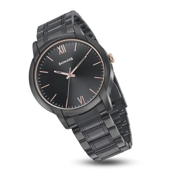 Sonata 77031KM03 | Sonata Beyond Gold Quartz Analog Black Dial Metal Strap Watch for Men