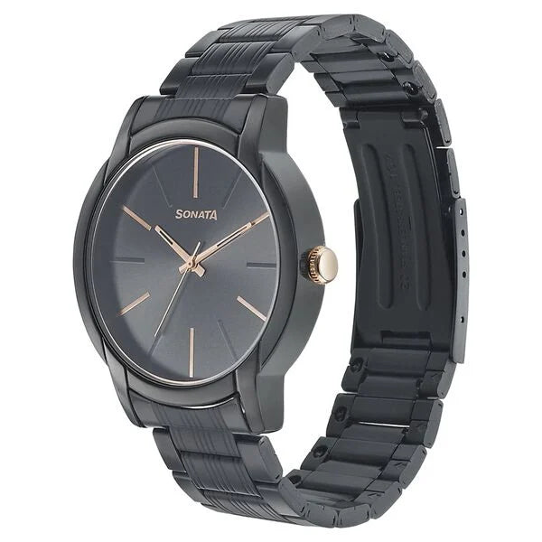 Sonata NS77031KM04 | Sonata Beyond Gold Quartz Analog Black Dial Metal Strap Watch for Men