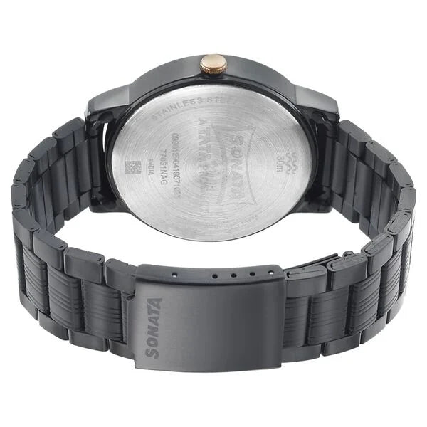 Sonata NS77031KM04 | Sonata Beyond Gold Quartz Analog Black Dial Metal Strap Watch for Men