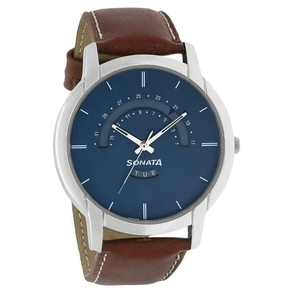 Sonata NP77031SL01 | Sonata Quartz Analog with Day and Date Blue Dial Leather Strap Watch for Men