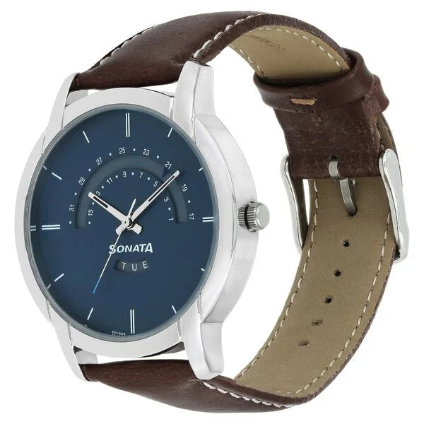 Sonata NP77031SL01 | Sonata Quartz Analog with Day and Date Blue Dial Leather Strap Watch for Men
