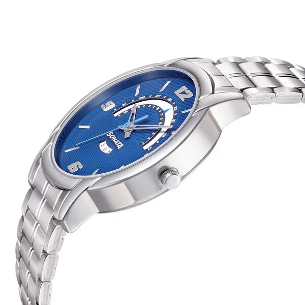 Sonata NN77031SM07 | Sonata RPM Quartz Analog with Day and Date Blue Dial Metal Strap Watch for Men