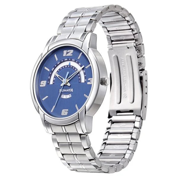 Sonata NN77031SM07 | Sonata RPM Quartz Analog with Day and Date Blue Dial Metal Strap Watch for Men