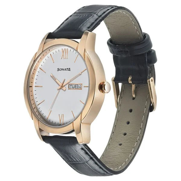 Sonata NP77031WL04 | Sonata Beyond Gold Quartz Analog with Day and Date White Dial Leather Strap Watch for Men
