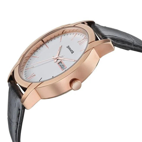Sonata NP77031WL04 | Sonata Beyond Gold Quartz Analog with Day and Date White Dial Leather Strap Watch for Men