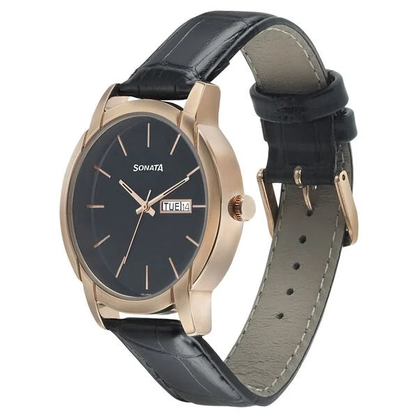 Sonata NP77031YL05 | Sonata Beyond Gold Quartz Analog with Day and Date Black Dial Leather Strap Watch for Men