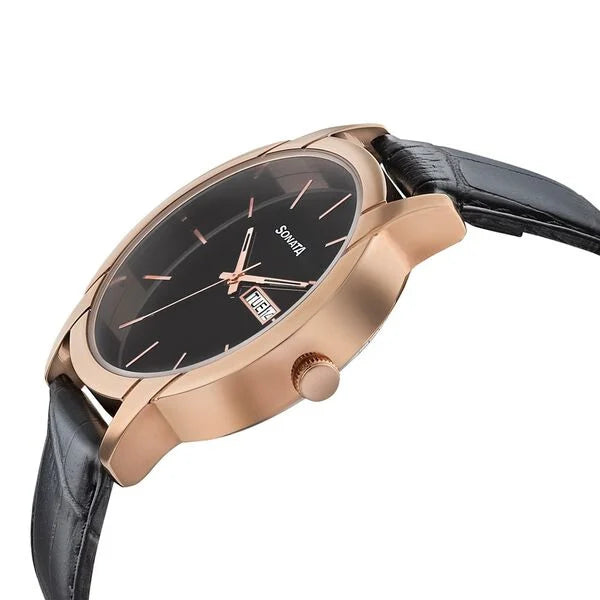 Sonata NP77031WL05 | Sonata Beyond Gold Quartz Analog with Day and Date Black Dial Leather Strap Watch for Men