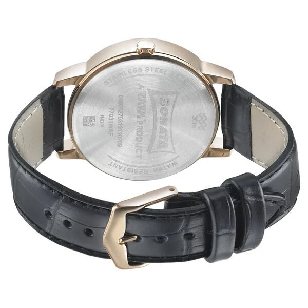 Sonata NP77031YL05 | Sonata Beyond Gold Quartz Analog with Day and Date Black Dial Leather Strap Watch for Men