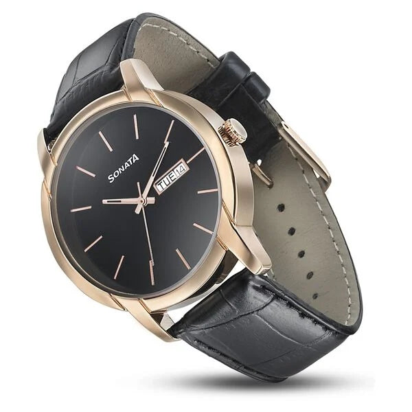 Sonata NP77031WL05 | Sonata Beyond Gold Quartz Analog with Day and Date Black Dial Leather Strap Watch for Men