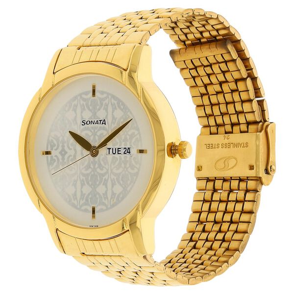 Sonata NS77031YM03 | Sonata Quartz Analog with Day and Date Silver Dial Golden Stainless Steel Strap Watch For Men