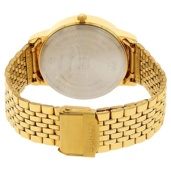 Sonata NS77031YM03 | Sonata Quartz Analog with Day and Date Silver Dial Golden Stainless Steel Strap Watch For Men