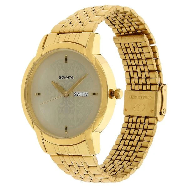 Sonata NP77031YM04 | Sonata Quartz Analog with Day and Date Champagne Dial Stainless Steel Strap Watch for Men