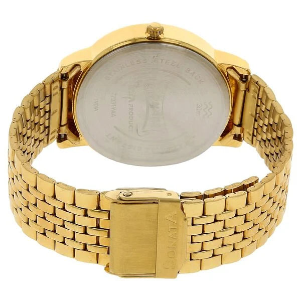 Sonata NP77031YM04 | Sonata Quartz Analog with Day and Date Champagne Dial Stainless Steel Strap Watch for Men