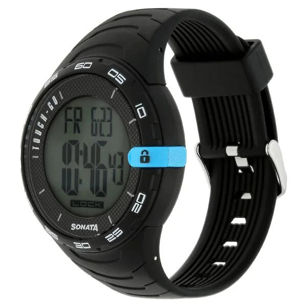 Sonata 77041PP03J | SF Digital Dial Black Plastic Strap Watch for Men