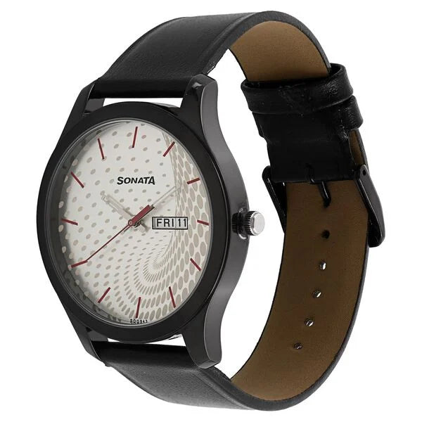 Sonata 77063NL02 | Sonata Nxt Quartz Analog with Day and Date Silver Dial Leather Strap Watch for Men