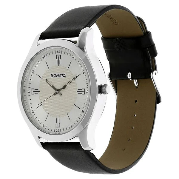 Sonata NK77063SL01 | Sonata Quartz Analog Silver Dial Leather Strap Watch for Men