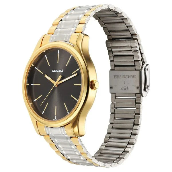 Sonata 77082BM02 | Sonata Traditional Essentials Quartz Analog Grey Dial Stainless Steel Strap Watch for Men