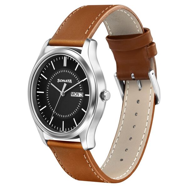 Sonata 77082SL08W | Sonata Quartz Analog with Day and Date Black Dial Leather Strap Watch for Men