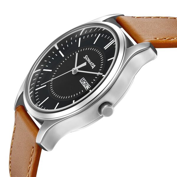 Sonata 77082SL08W | Sonata Quartz Analog with Day and Date Black Dial Leather Strap Watch for Men